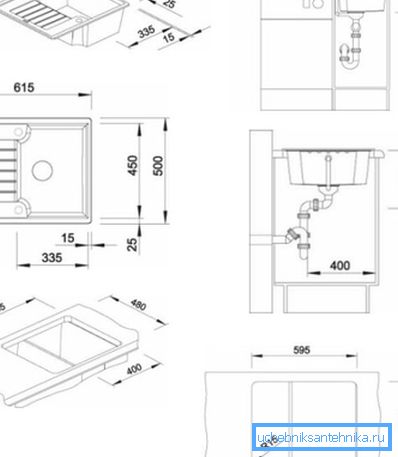 Drawings of a sink with an indication of its size and principle of installation, taking into account all the design features Drawings of a sink with an indication of its size and principle of installation, taking into account all the design features