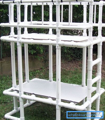 Children's bunk bed assembled on the basis of elements of a plastic plumbing system
