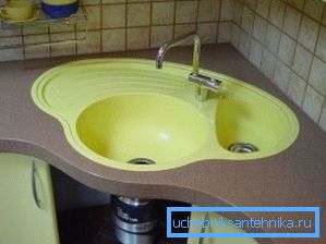 477 Double sinks for kitchen from an artificial stone with bowls of different volume