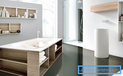 Screen with wooden shelves under the bathroom Screen with wooden shelves under the bathroom