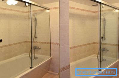 This option will tell you how to make a shower cabin from a bath, as you can see, wide sliding doors are made in this project.