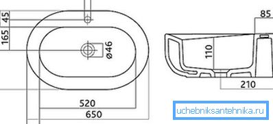 Porcelain oval washbasin 2 with a hole for connecting the mixer: drawing and dimensions