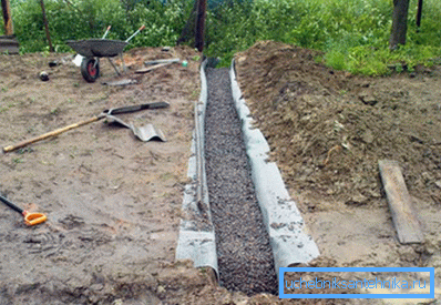 Photo of a trench to a septic tank, partially filled with drainage