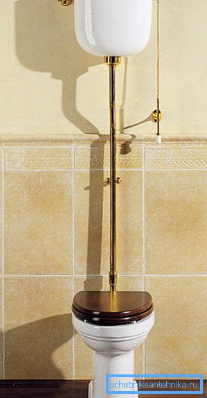 Photo of a toilet bowl with a hanging tank on the pipe