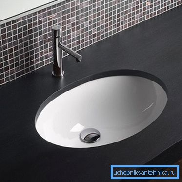 Ceramic washbasin built into the worktop in the bathroom Ceramic washbasin built into the worktop in the bathroom