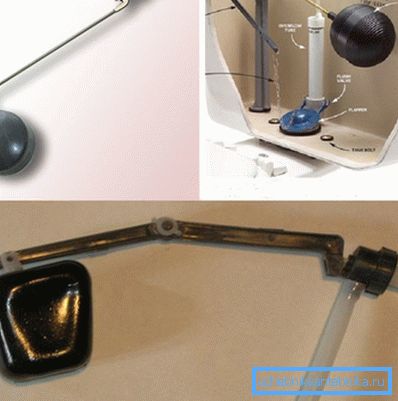 The valve with a float for a toilet bowl on the metal and plastic lever The valve with a float for a toilet bowl on the metal and plastic lever