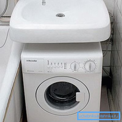 Compact washing machine under the sink in the bathroom Compact washing machine under the sink in the bathroom