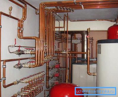 Copper pipes in the arrangement of a boiler house country house