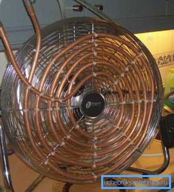 In the photo - homemade fan coil from a fan and a copper tube.