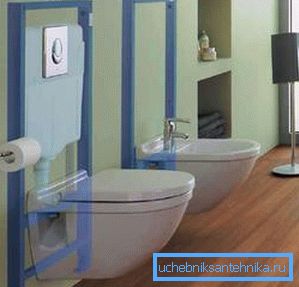 In the photo - what a suspended toilet looks like with an installation hidden in the wall In the photo - what a suspended toilet looks like with an installation hidden in the wall