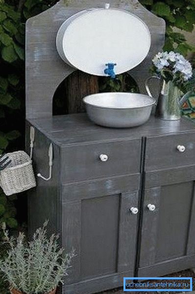On the photo - a wash basin made of aluminum pelvis On the photo - a wash basin made of aluminum pelvis