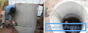 In the photo, the first steps of installation - installation of concrete rings In the photo, the first steps of installation - installation of concrete rings