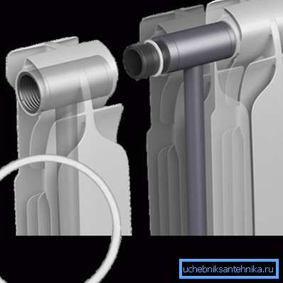The photo shows the principle of the connection of the heating sections by means of a through-nut with a sealing gasket. The photo shows the principle of the connection of the heating sections by means of a through-nut with a sealing gasket.