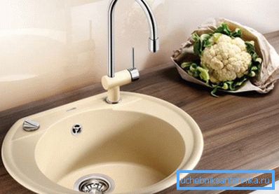 The photo shows a composite sink made of granite chips.