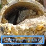 The photo shows the clogging of the internal lumen of the sewer pipe.