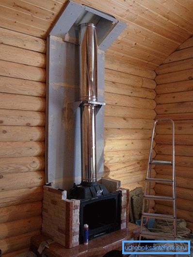 The photo shows an example of installing a steel pipe in a wooden cottage. The photo shows an example of installing a steel pipe in a wooden cottage.