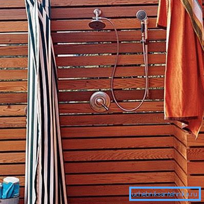 The photo shows a simple design with full shower equipment. The photo shows a simple design with full shower equipment.