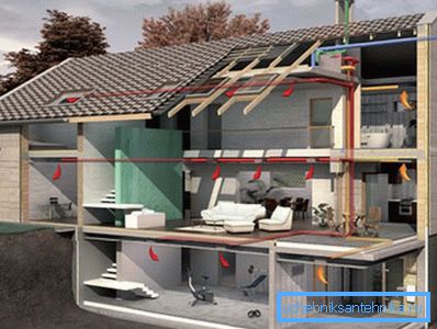 The photo shows the installation of ventilation ducts in a private house. The photo shows the installation of ventilation ducts in a private house.