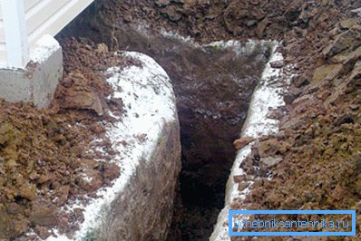 In the photo - a trench for the supply of a water pipe to the house. In the photo - a trench for the supply of a water pipe to the house.