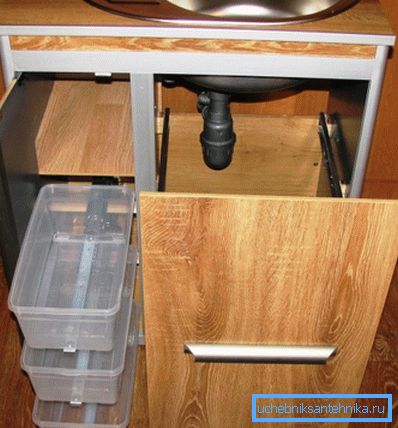 On the photo is a drawer for washing with pull-out baskets and drawers.