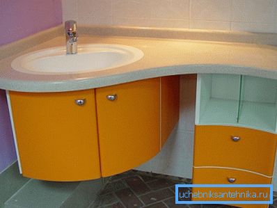 In the photo - an angular chest under the sink in the bathroom. In the photo - an angular chest under the sink in the bathroom.