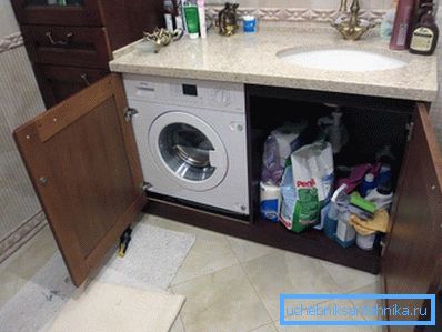 In the photo - the placement of the washing machine under the sink in the bathroom. In the photo - the placement of the washing machine under the sink in the bathroom.