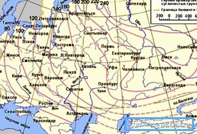 The map shows frost depth values for different regions of the post-Soviet space (intermediate values are determined by interpolation) The map shows frost depth values for different regions of the post-Soviet space (intermediate values are determined by interpolation)