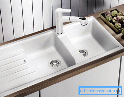 The presence of two compartments and a place for drying makes this sink very convenient and practical.