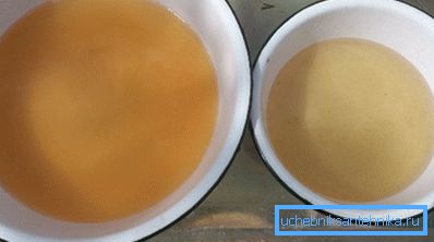 Settling is not very effective: the color of water on the left in the photo is before the start of settling, on the right - after Settling is not very effective: the color of water on the left in the photo is before the start of settling, on the right - after