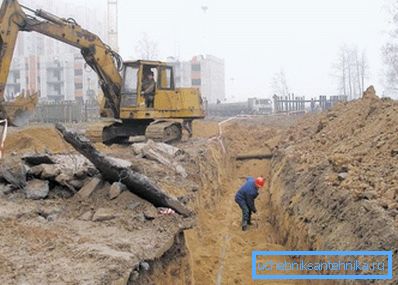 Preparation of a trench with sand filling for pipe laying Preparation of a trench with sand filling for pipe laying