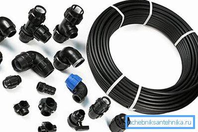 Polyethylene pipe with connecting fittings.