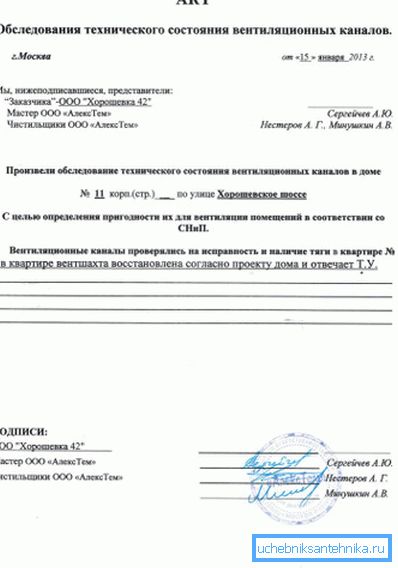 The act of ventilation inspection is presented - a sample for determining the technical condition. The act of ventilation inspection is presented - a sample for determining the technical condition.
