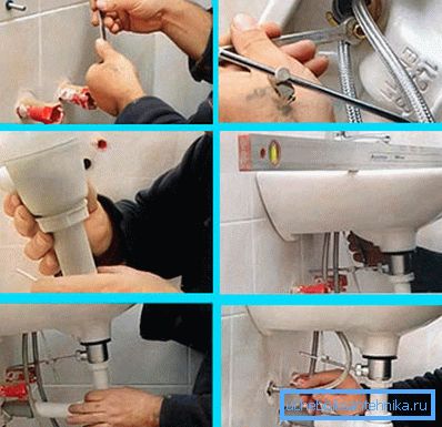 We install the hanging ceramic washbasin in the bathroom to the wall We install the hanging ceramic washbasin in the bathroom to the wall