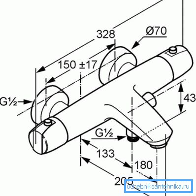 The distance between the hot and cold pipelines must correspond to the inter-axial distance of the inlet pipes of the mixer