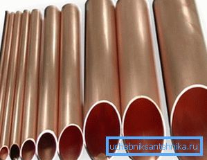 Different sections of copper pipes for heating