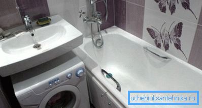 The washing machine fits perfectly under the wall-mounted sink. The washing machine fits perfectly under the wall-mounted sink.