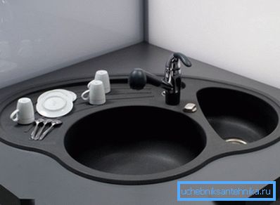 Convenient solution for the corner kitchen, with two bowls and a platform for drying dishes.