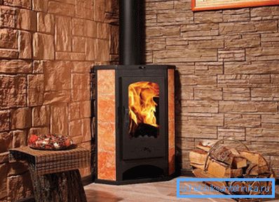 Corner heating stoves compactly fit in the corner of the room