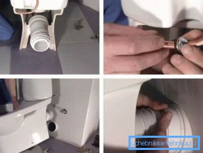Installing a corrugated pipe and connecting the toilet to the sewer. Installing a corrugated pipe and connecting the toilet to the sewer.