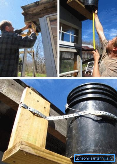 Installation and fixation of a metal barrel on the roof of the dacha shower Installation and fixation of a metal barrel on the roof of the dacha shower