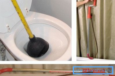 Plunger and plumbing cable for cleaning the toilet.